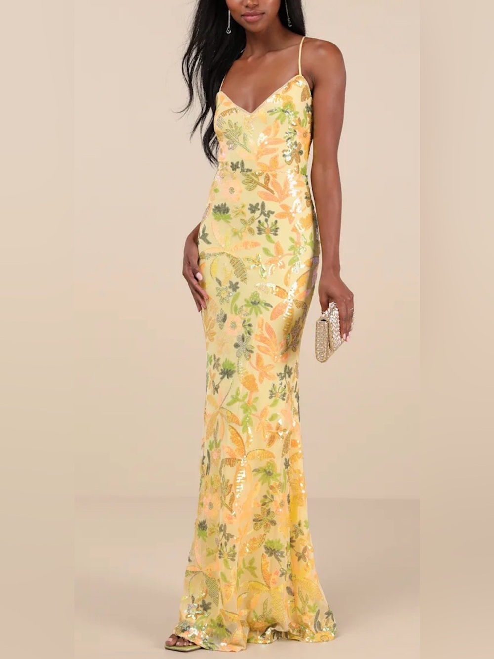 Lulus Glittering Icon Yellow Iridescent Sequin Lace-Up Maxi Dress